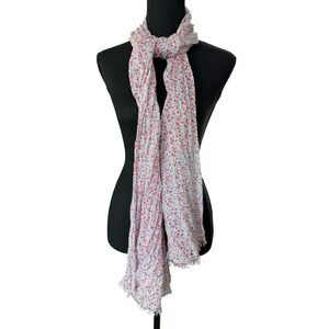 Pink Blue Ditsy Floral Gauze Scarf Crinkle Texture Raw Fringe Edge Lightweight